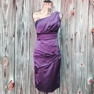 1 Shoulder Cocktail Dress Purple Stretch Satin David's Bridal Size 4 Prom Formal